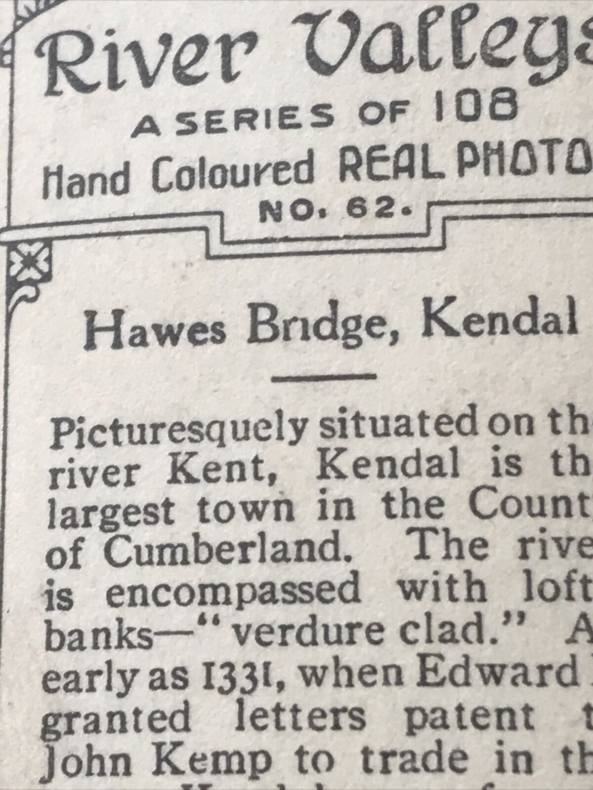 HAWES BRIDGE KENDAL Tinted Photo Cigarette Card Cavanders River Valleys