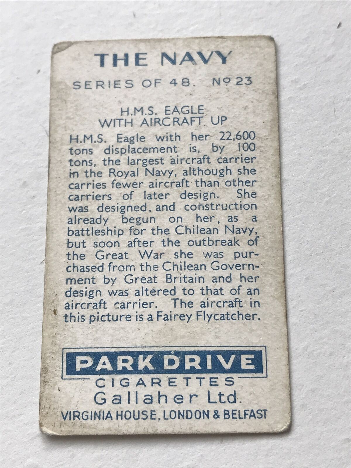 HMS EAGLE WITH AIRCRAFT UP Park Drive Gallaher Cigarette Card The Navy No23 1937