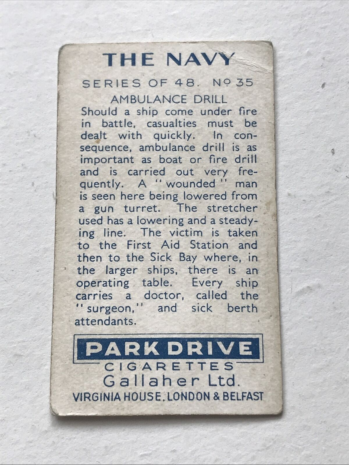 NAVY AMBULANCE DRILL Park Drive Gallaher Cigarette Card The Navy No 35 1937