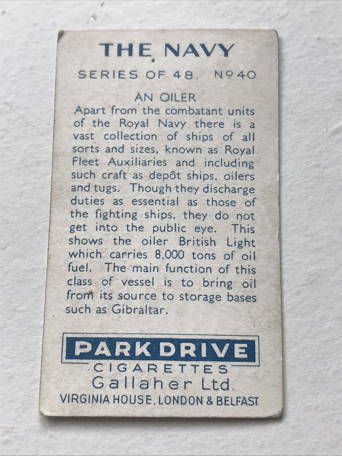 AN OILER SHIP Park Drive Gallaher Cigarette Card The Navy No 40 1937 Royal Fleet