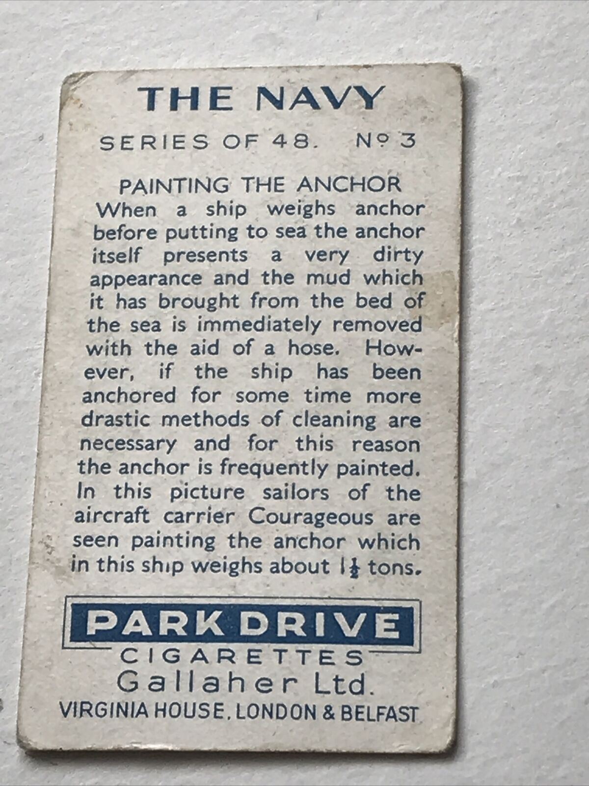 PAINTING THE ANCHOR no3 COURAGEOUS Park Drive Gallaher Cigarette Card The Navy