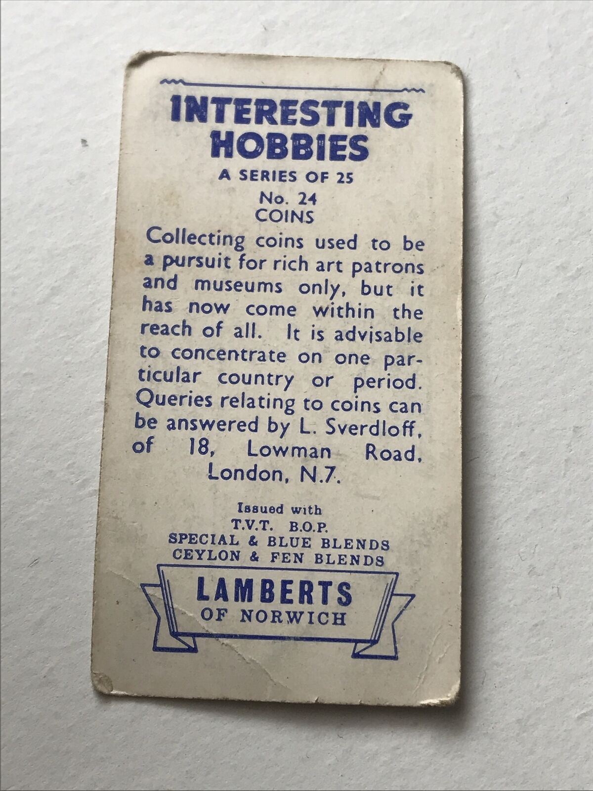 Vintage Collectable Tea Card Lamberts Of Norwich INTERESTING HOBBIES COINS no24