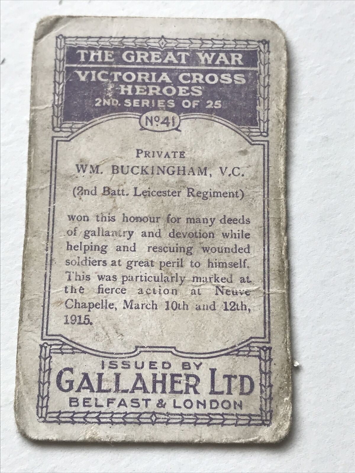 PRIVATE WM. BUCKINGHAM V.C. Cigarette Card The Great War Victoria Cross Heroes