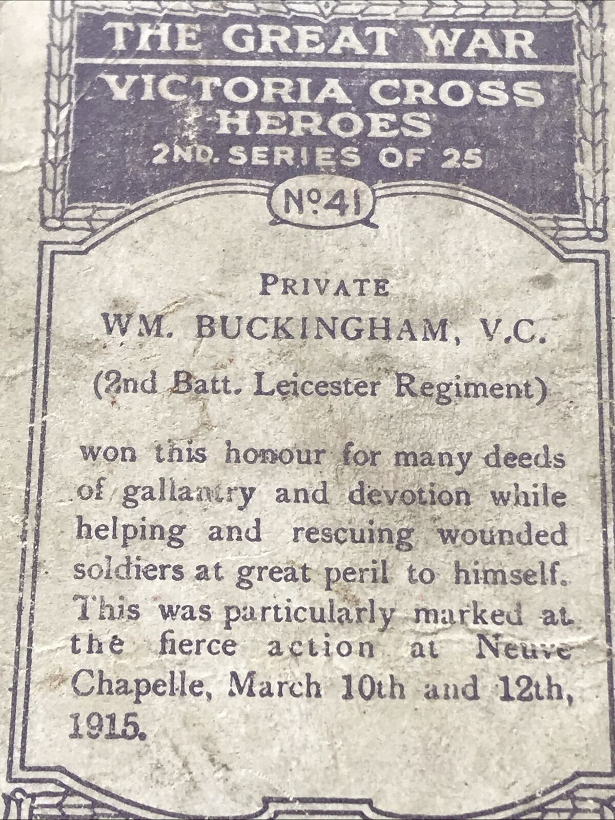 PRIVATE WM. BUCKINGHAM V.C. Cigarette Card The Great War Victoria Cross Heroes