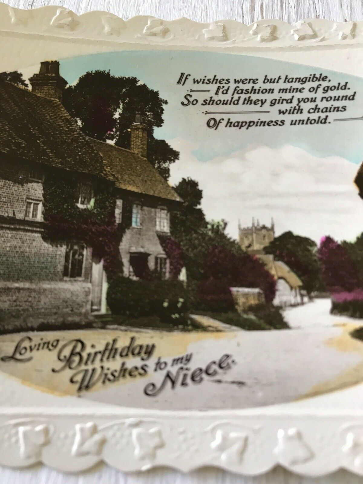 Vintage Antique Birthday Greetings Postcard Niece. Village Street Scene. Poem