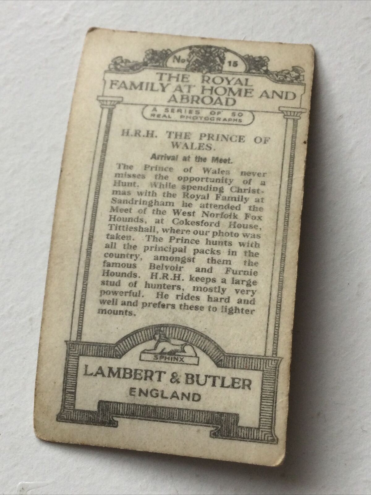 EDWARD VIII PRINCE OF WALES ARRIVING AT THE MEET. Lambert Butler Cigarette Card