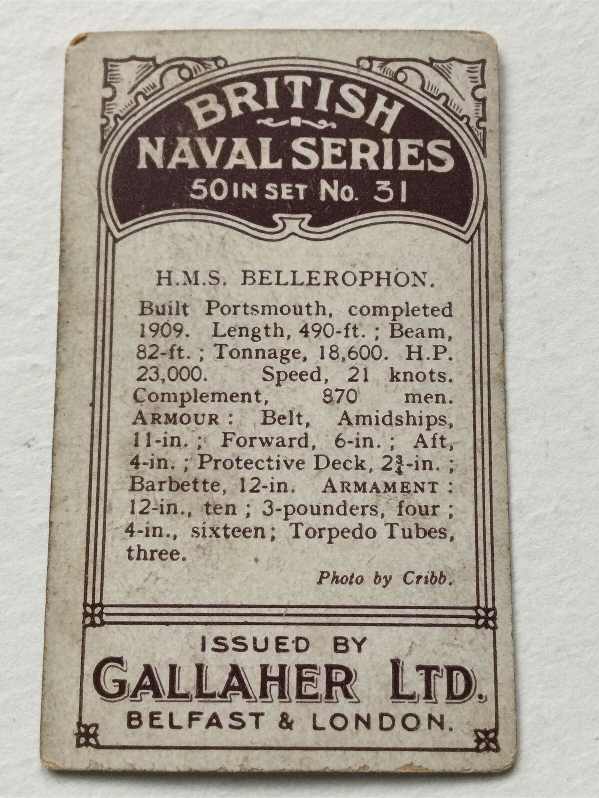 HMS BELLEROPHON DREADNOUGHT Cigarette Card Gallaher British Naval Series #31