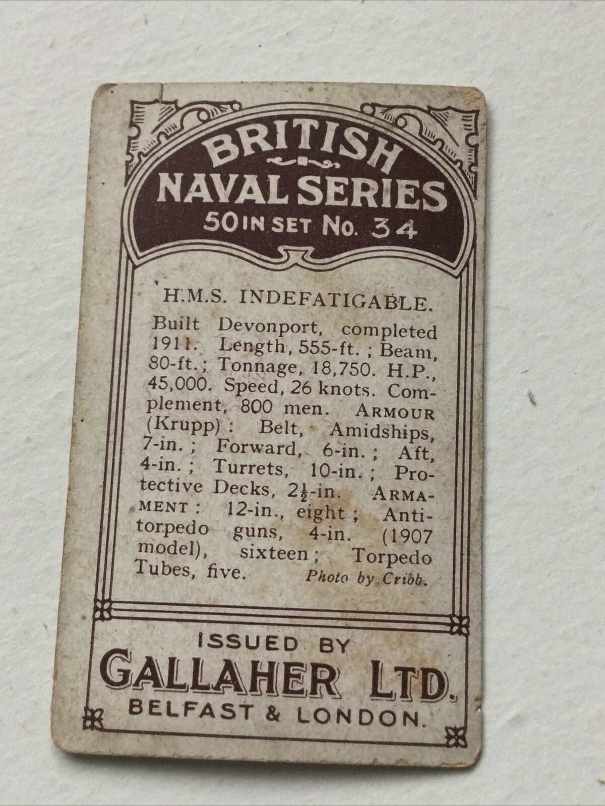 HMS INDEFATIGABLE DREADNOUGHT Cigarette Card Gallaher British Naval Series #34