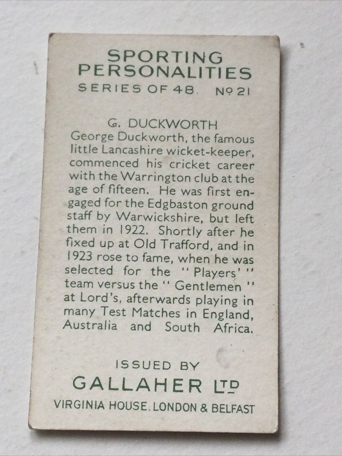 GEORGE DUCKWORTH Gallaher cigarette Card Sporting Personalities #21 Cricket