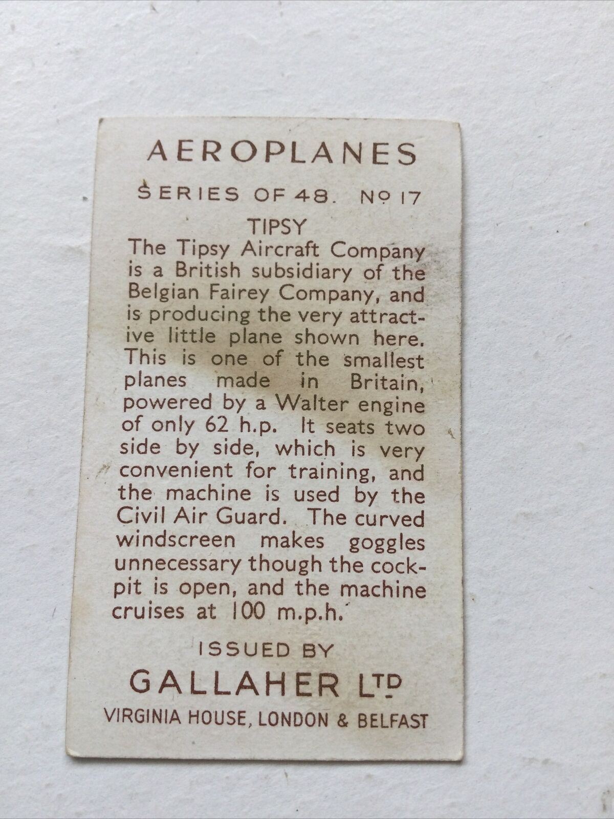 TIPSY Aircraft Co. Gallaher Cigarette Card Aeroplanes #17 Small Plane Civil Air