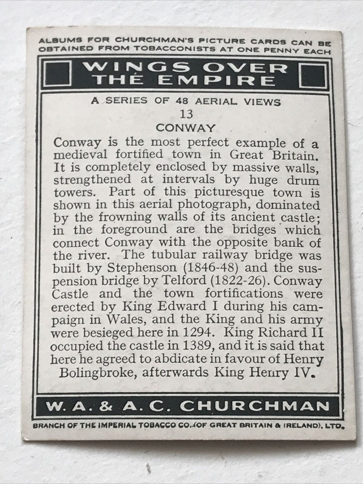 CONWAY Churchmans Cigarette Card Wings Over The Empire #13Aerial View Castle