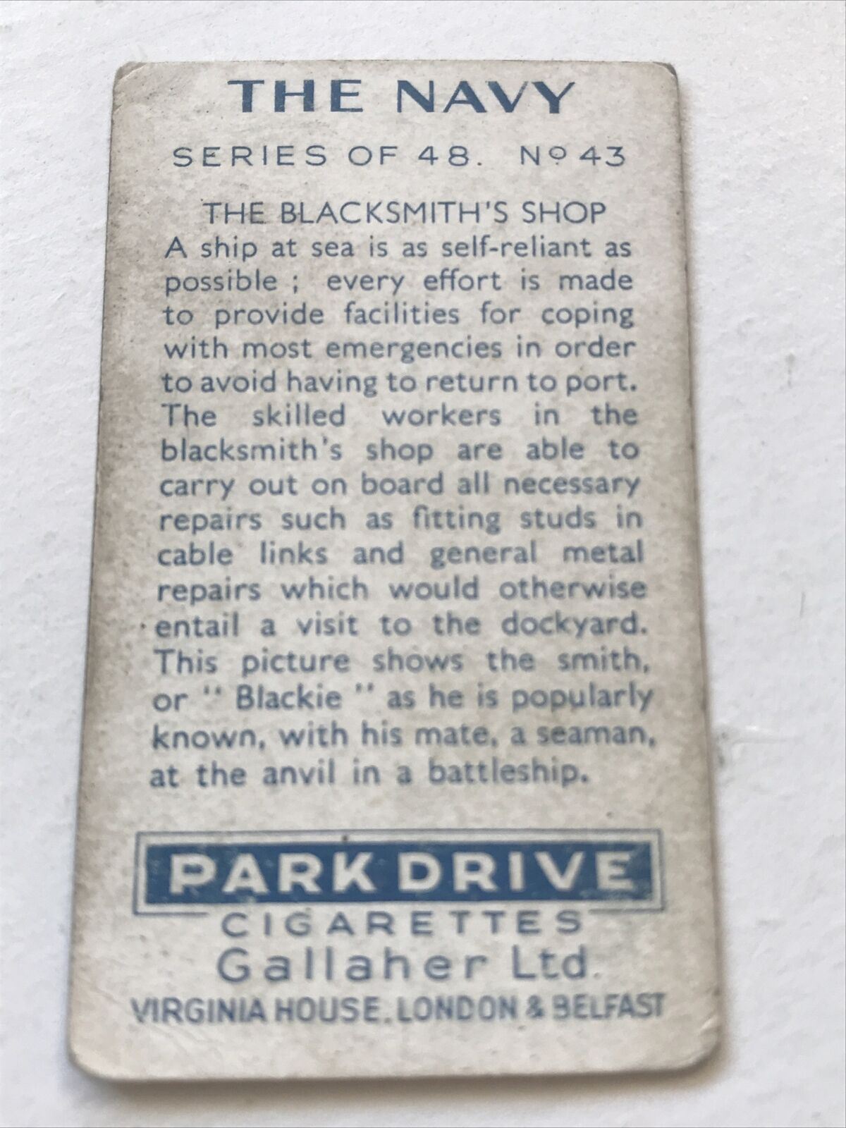 THE BLACKSMITHS SHOP Park Drive Gallaher Cigarette Card The Navy #43