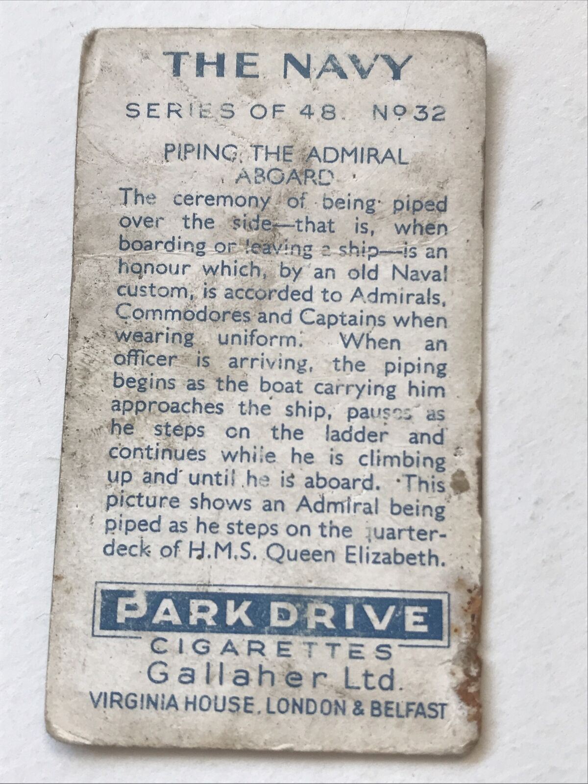 PIPING THE ADMIRAL ABOARD Park Drive Gallaher Cigarette Card The Navy #32