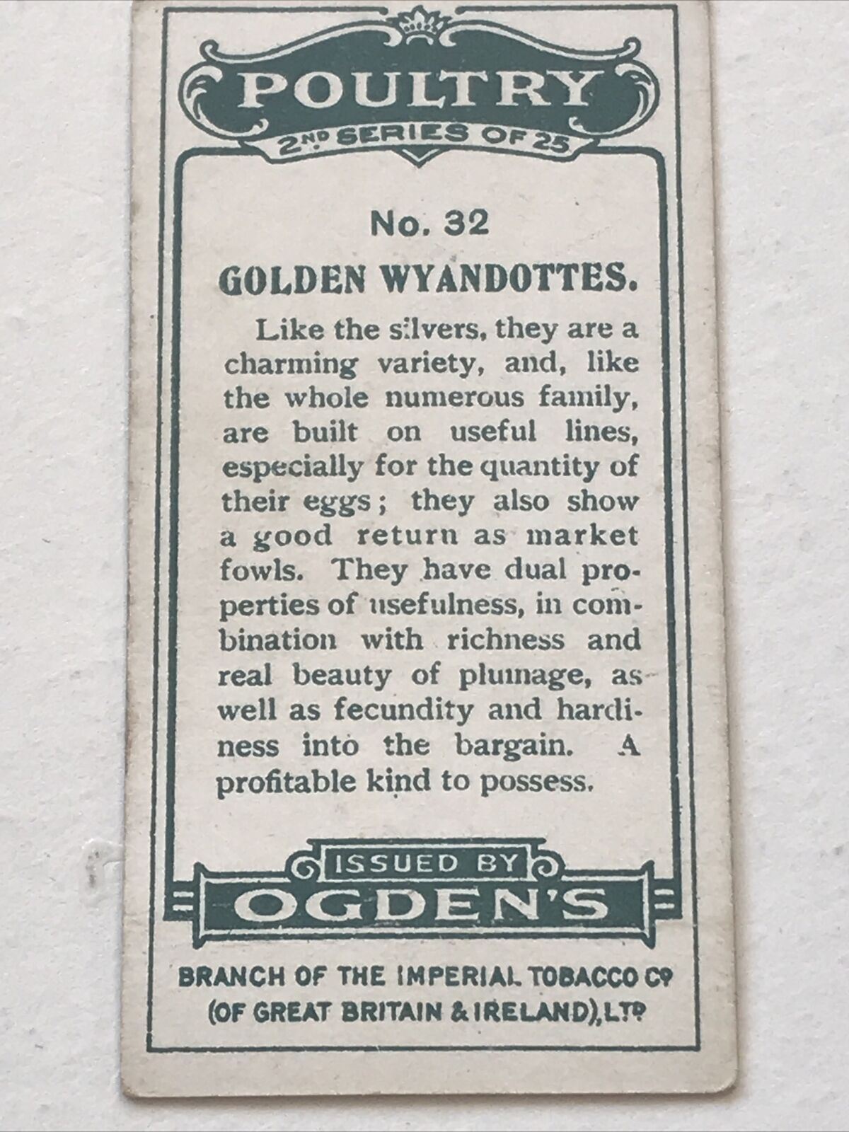 GOLDEN WYANDOTTES, Ogden’s Cigarette Card, Poultry #32 Fowl Hens Beautiful Print