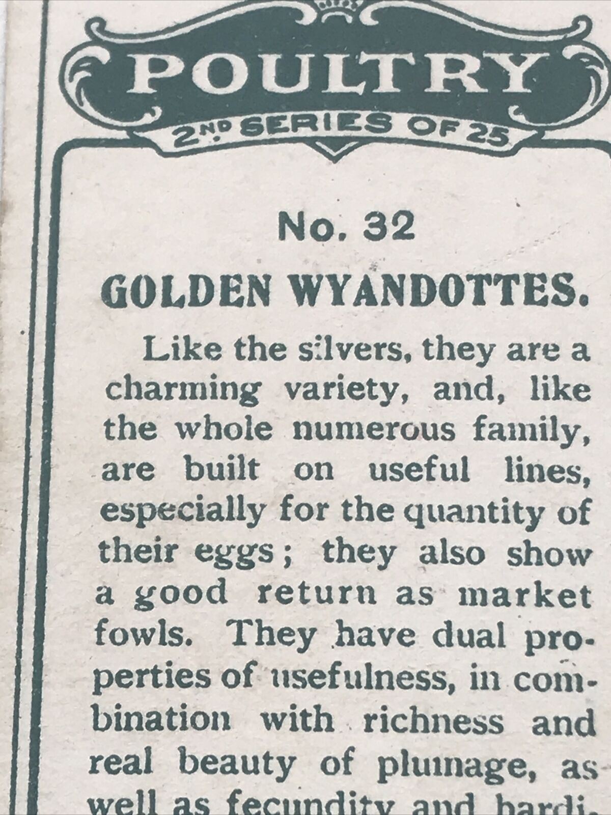 GOLDEN WYANDOTTES, Ogden’s Cigarette Card, Poultry #32 Fowl Hens Beautiful Print