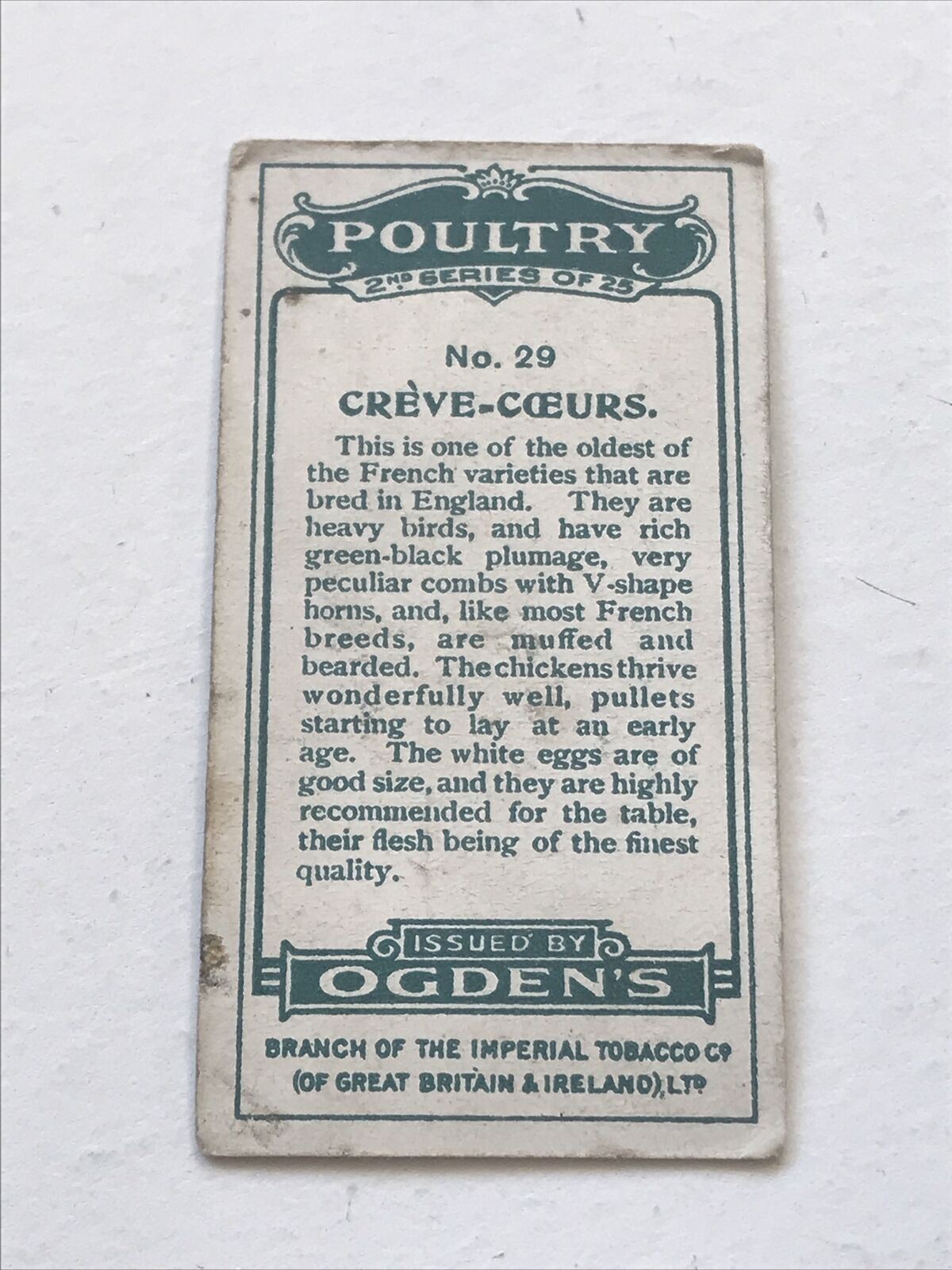 CRÈVE CŒUR Ogden’s Cigarette Card, Poultry #29 Hen Cock Fowl Vintage Print