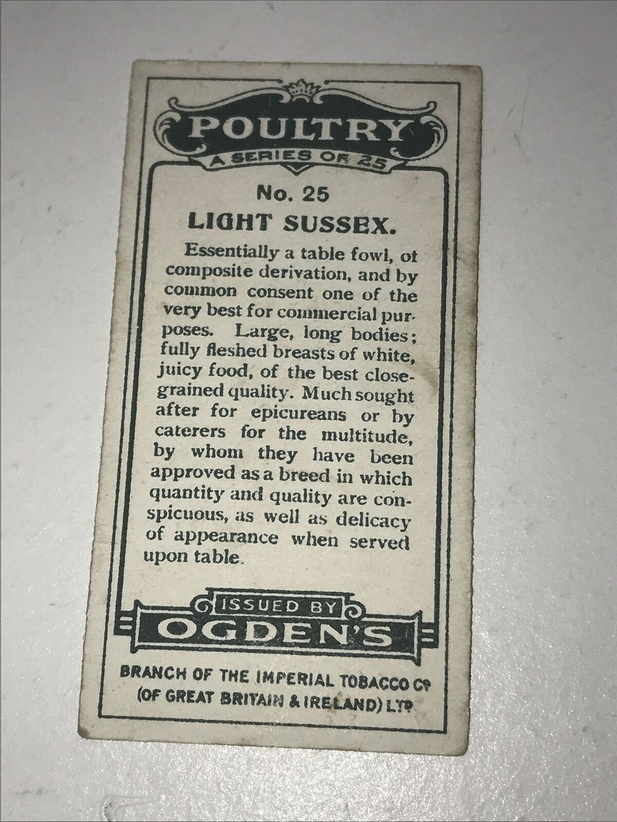 LIGHT SUSSEX Ogden’s Cigarette Card, Poultry #25 Hen Cock Fowl Vintage Print