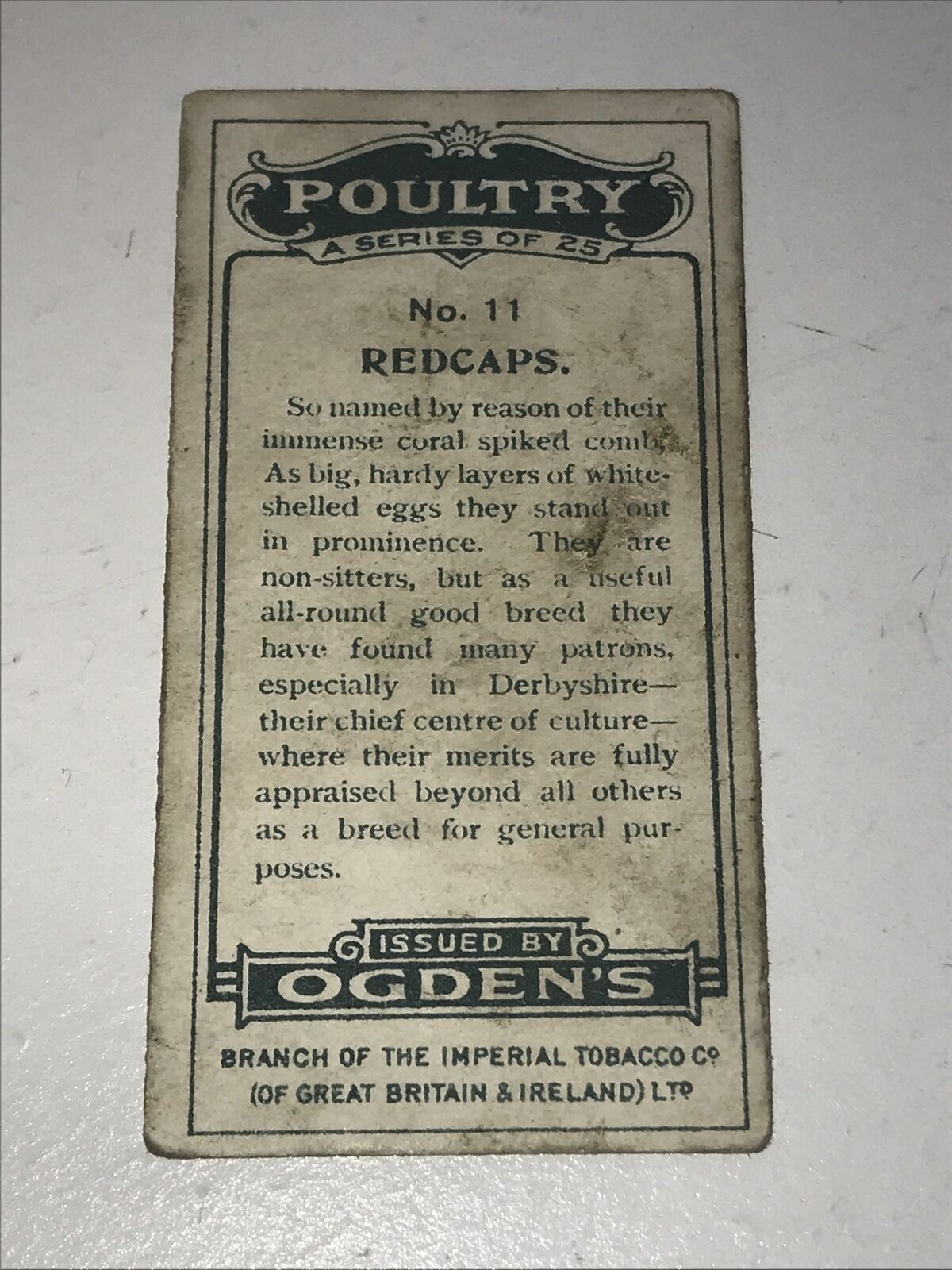 REDCAPS Ogden’s Cigarette Card, Poultry #11 Hen Cock Fowl Vintage Print