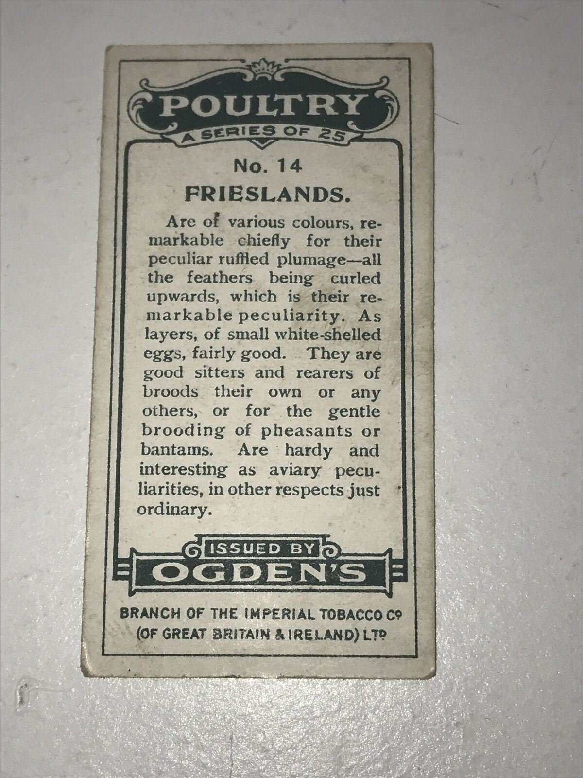 FRIESLANDS Ogden’s Cigarette Card, Poultry #14 Hen Cock Fowl Vintage Print