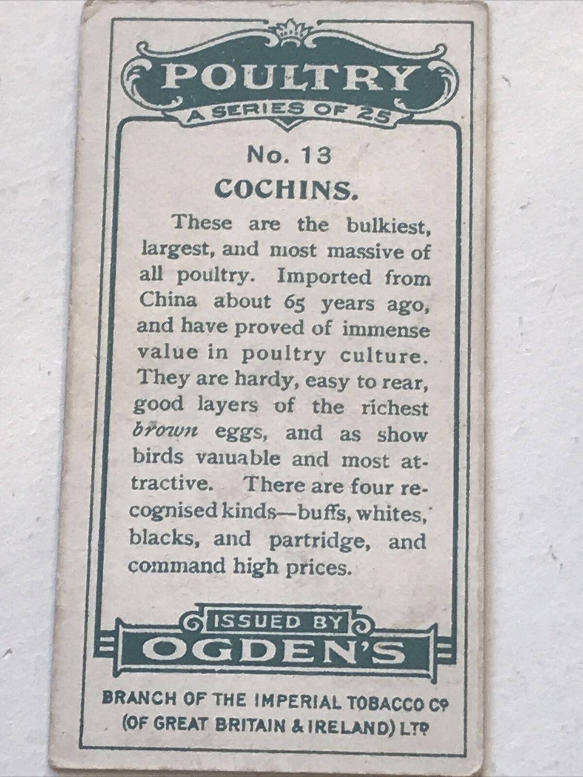 COCHINS Ogden’s Cigarette Card, Poultry #13 Hen Cock Fowl Vintage Print