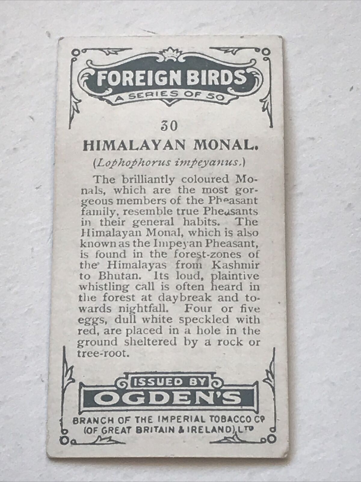 HIMALAYAN MONAL Ogden’s Cigarette Card, FOREIGN BIRDS #30 Impeyan Pheasant