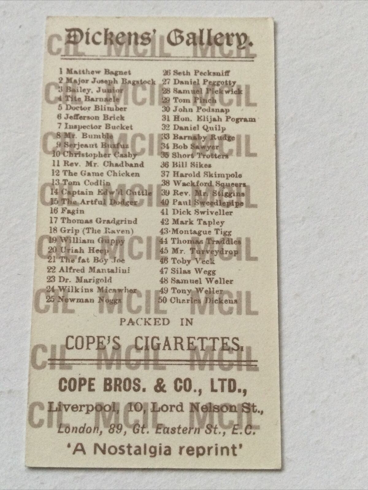 MONTAGUE TIGG Dickens Gallery Cope Bros Cigarette Card #43 Nostalgia Reprint