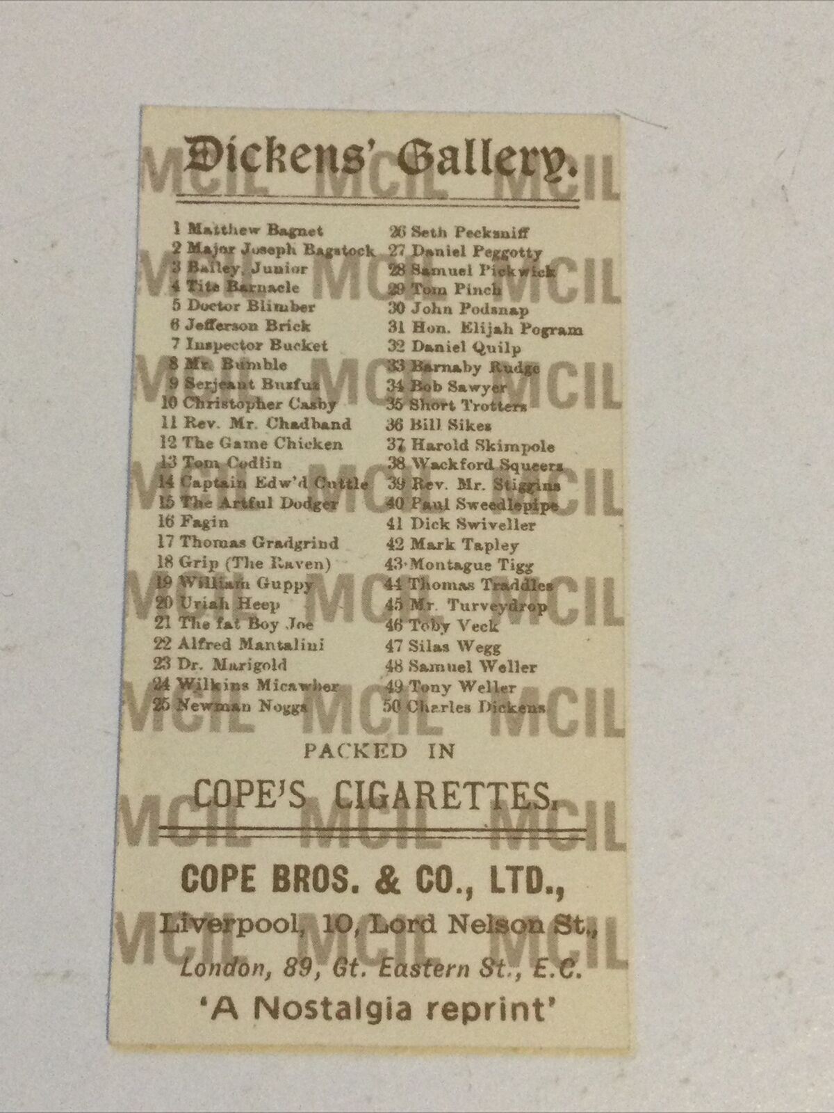 MARK TAPLEY Dickens Gallery Cope Bros Cigarette Card #42 Reprint