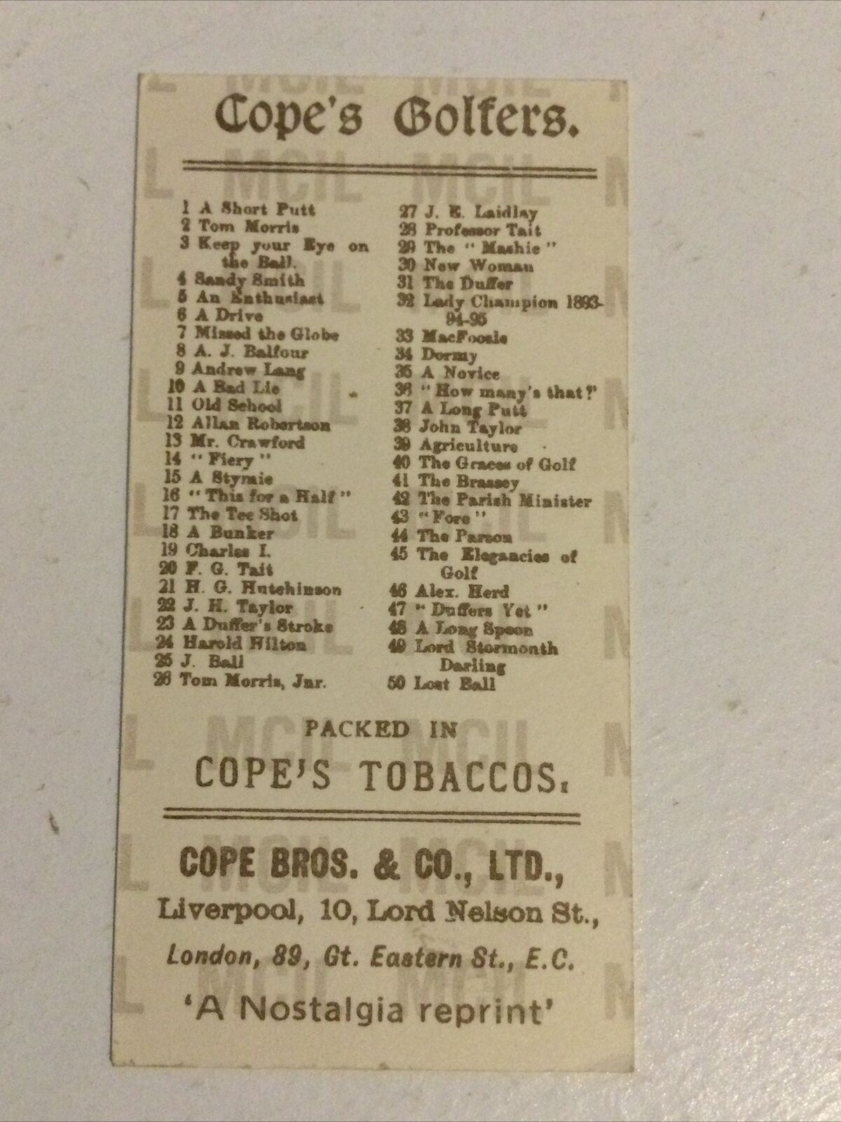 THE MASHIE Dickens Gallery Cope Bros Cigarette Card #29 Reprint