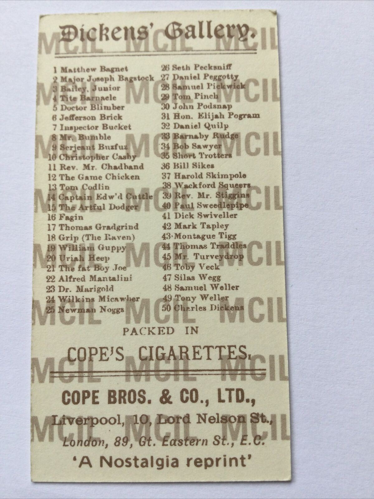 TOBY VECK Dickens Gallery Cope Bros Cigarette Card #46 Nostalgia Reprint