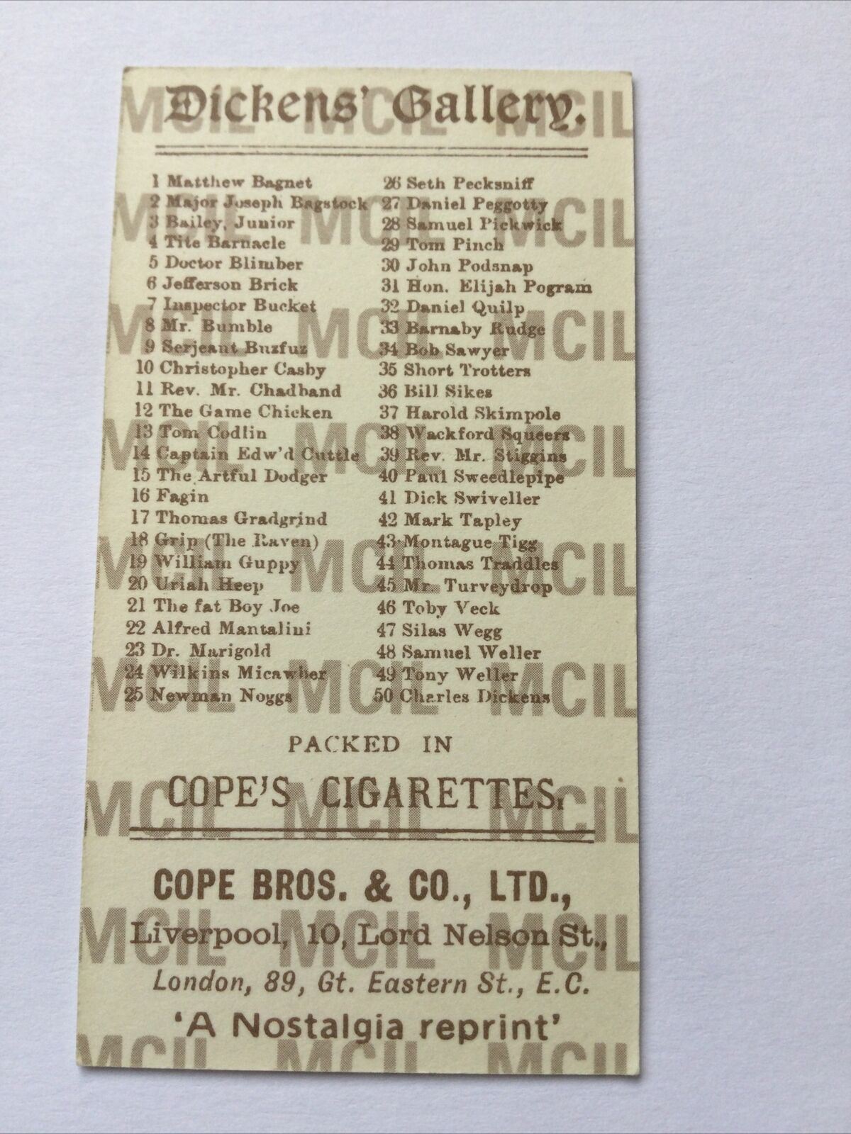 ALFRED MANTALINI Dickens Gallery Cope Bros Cigarette Card #22 Nostalgia Reprint