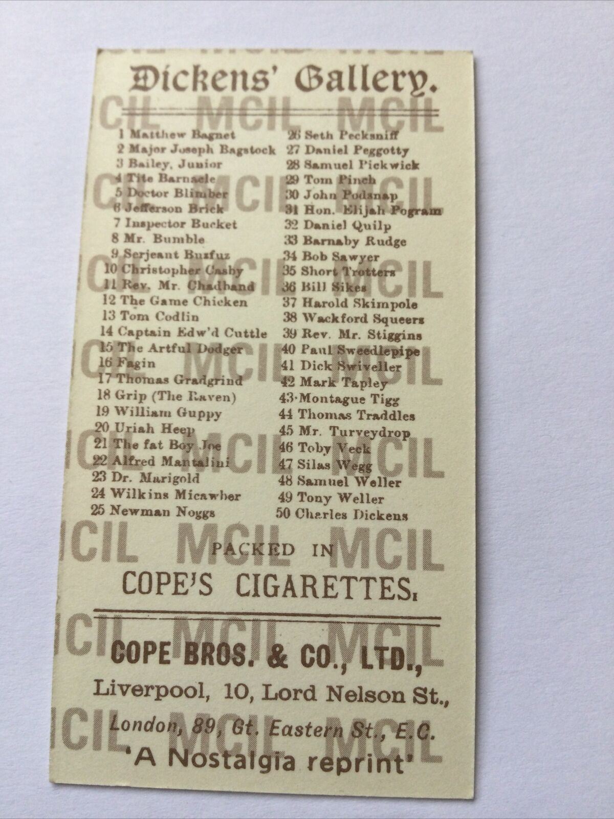 THOMAS GRADGRIND Dickens Gallery Cope Bros Cigarette Card #17 Nostalgia Reprint