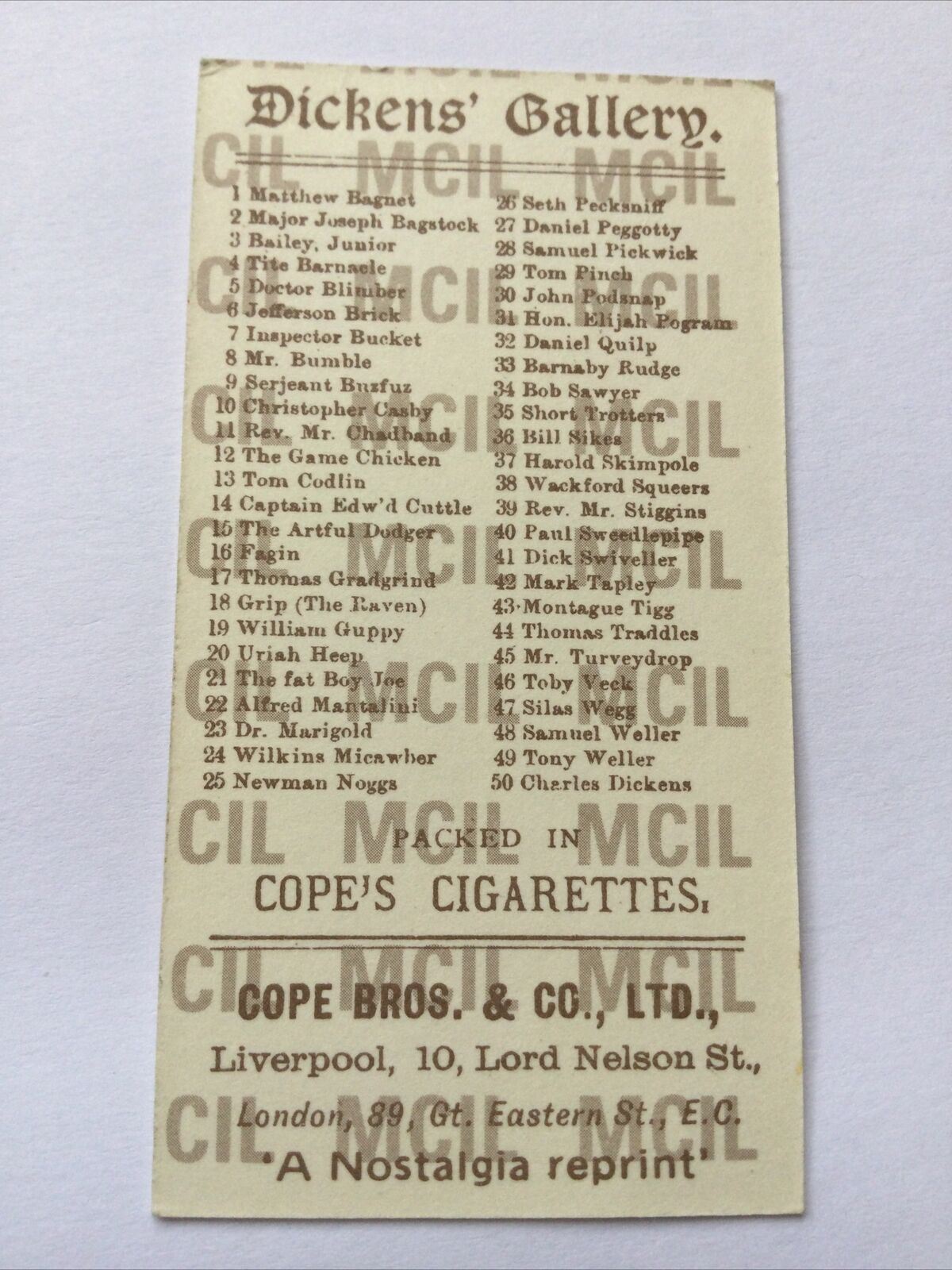 TOM CODLIN Dickens Gallery Cope Bros Cigarette Card #13 Nostalgia Reprint