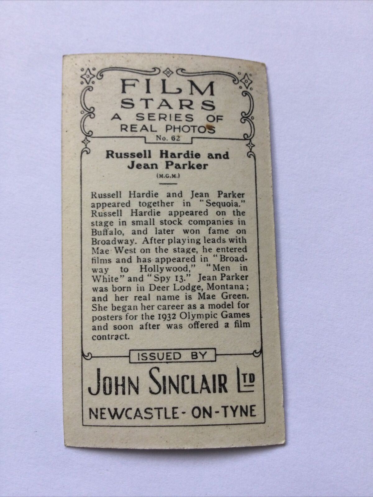 RUSSELL HARDIE JEAN PARKER Photo - John Sinclair Cigarette Card Film Stars #62