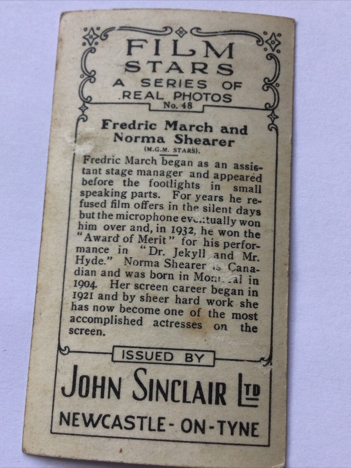 FREDERIC MARCH NORMA SHEARER Photo - John Sinclair Cigarette Card Film Stars #48