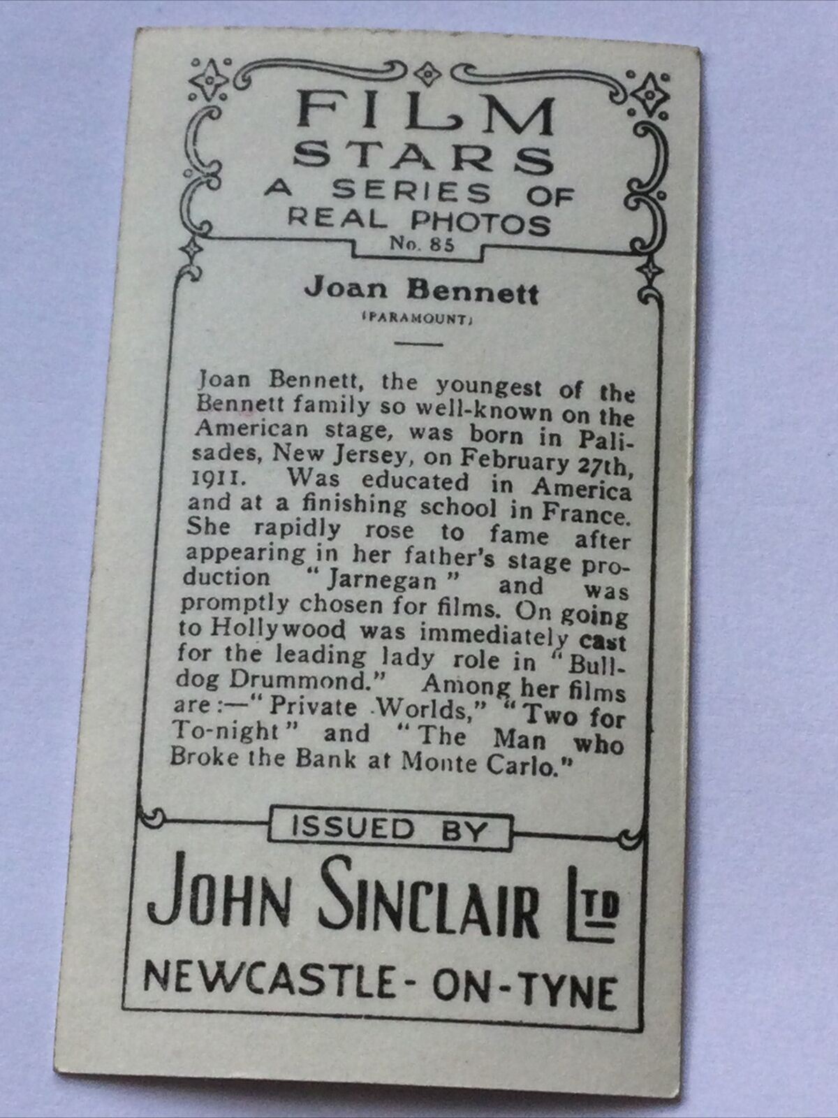 JOAN BENNETT Photo - John Sinclair Cigarette Card Film Stars #85