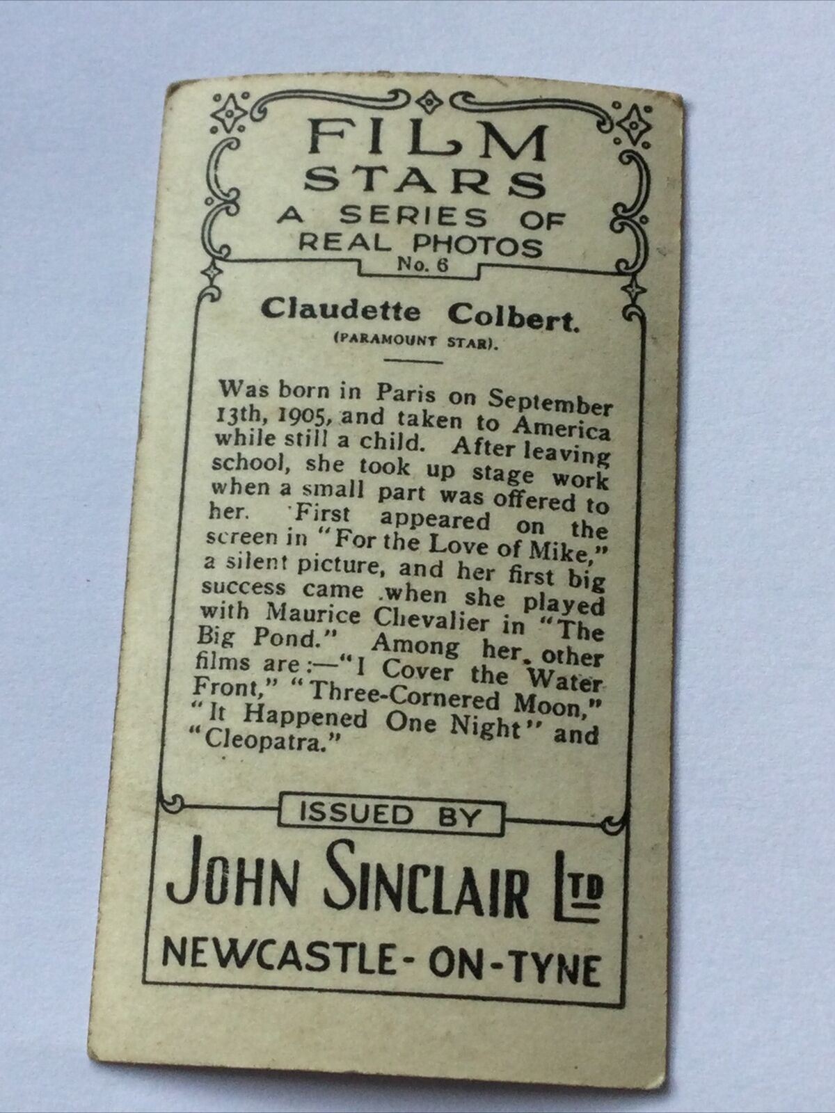 CLAUDETTE COLBERT Photo - John Sinclair Cigarette Card Film Stars #6 Actress