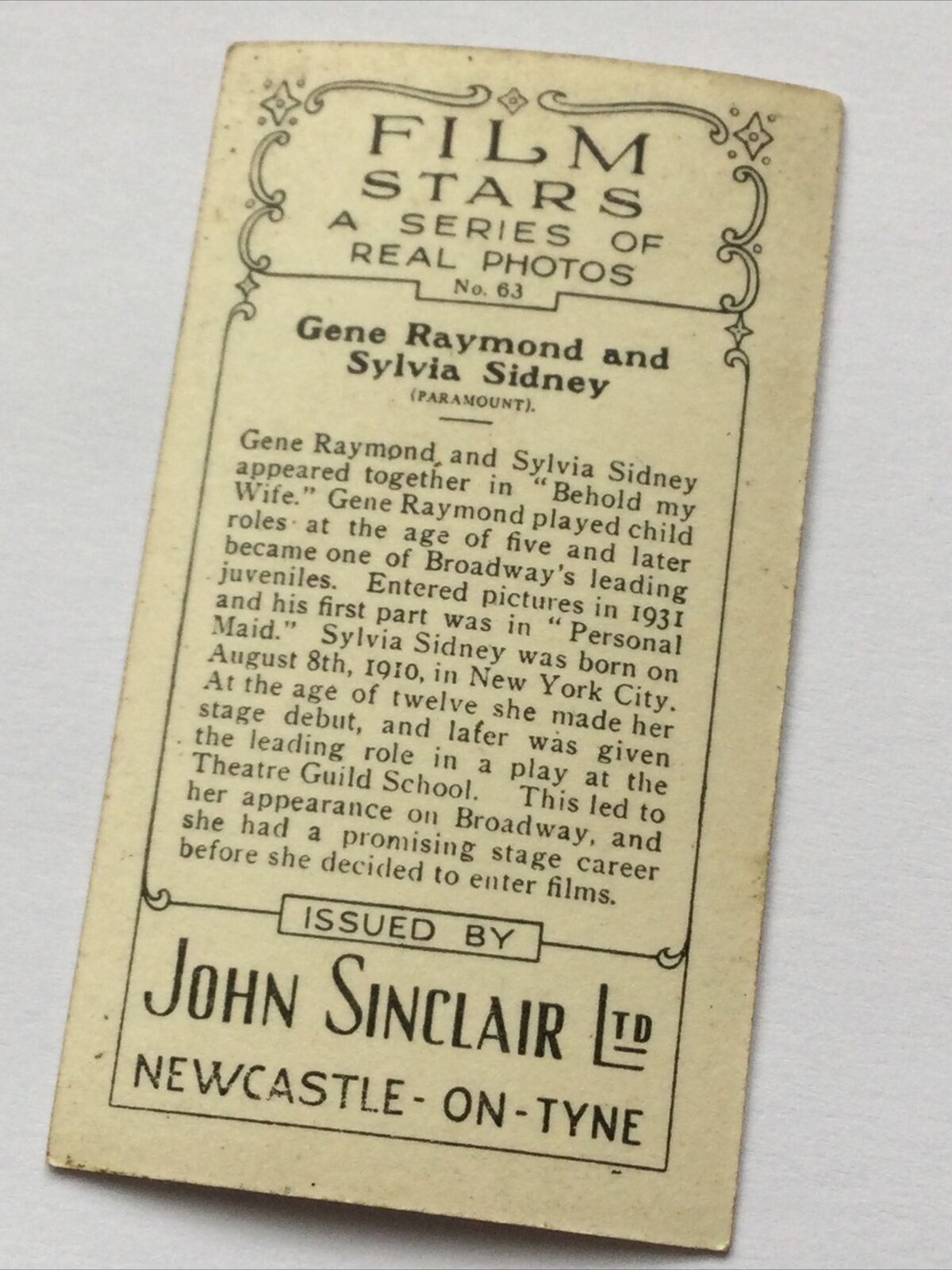 GENE RAYMOND SYLVIA  SIDNEY Photo - John Sinclair Cigarette Card Film Stars #63