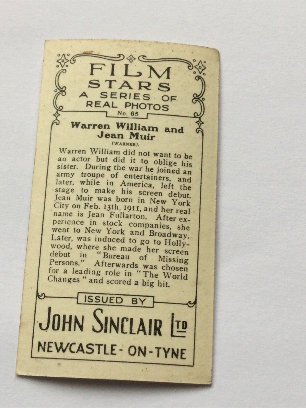 JEAN MUIR WARREN WILLIAM Photo - John Sinclair Cigarette Card Film Stars #65