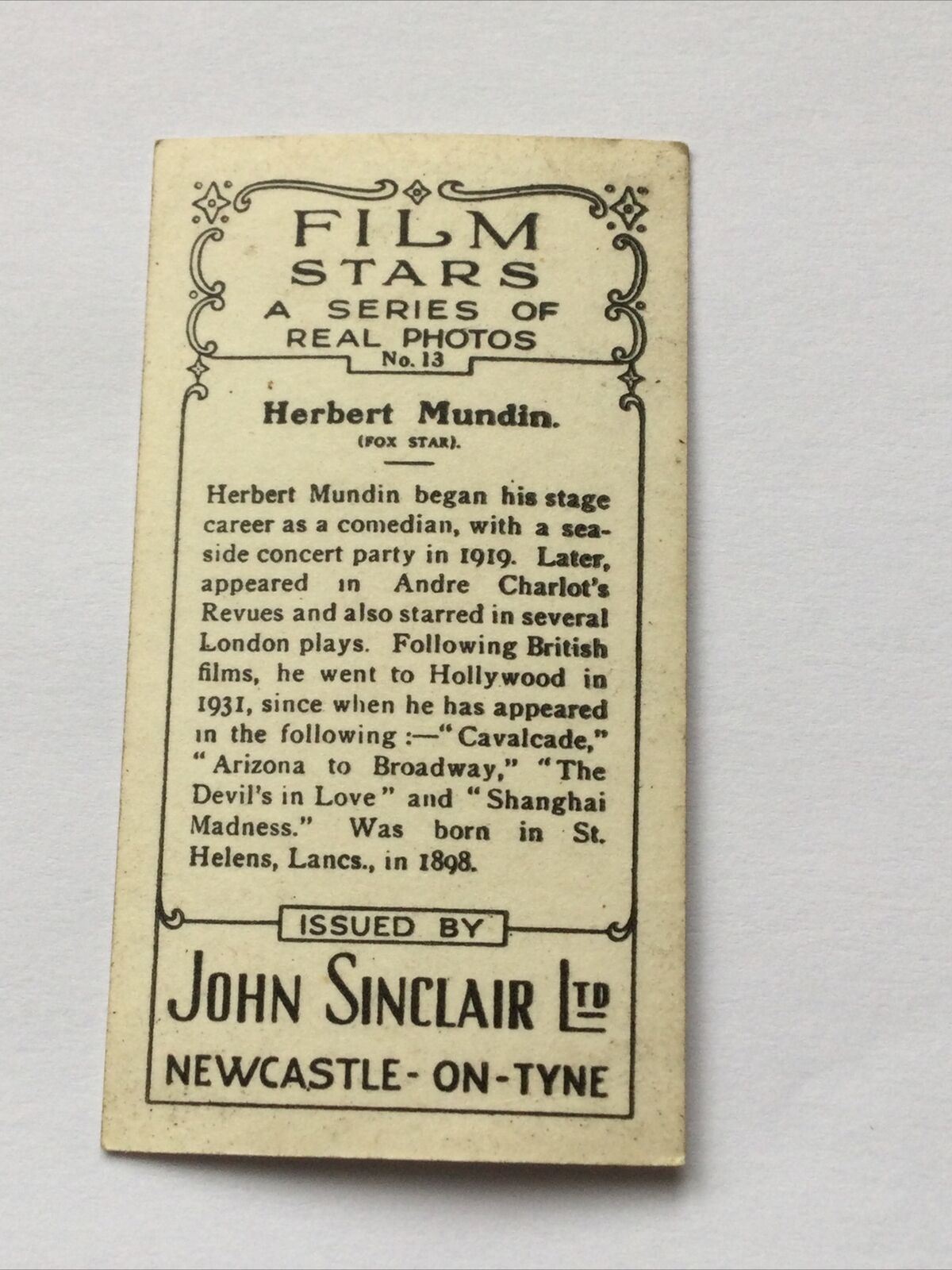 HERBERT MUNDIN Photo - John Sinclair Cigarette Card Film Stars #13 30s Hollywood