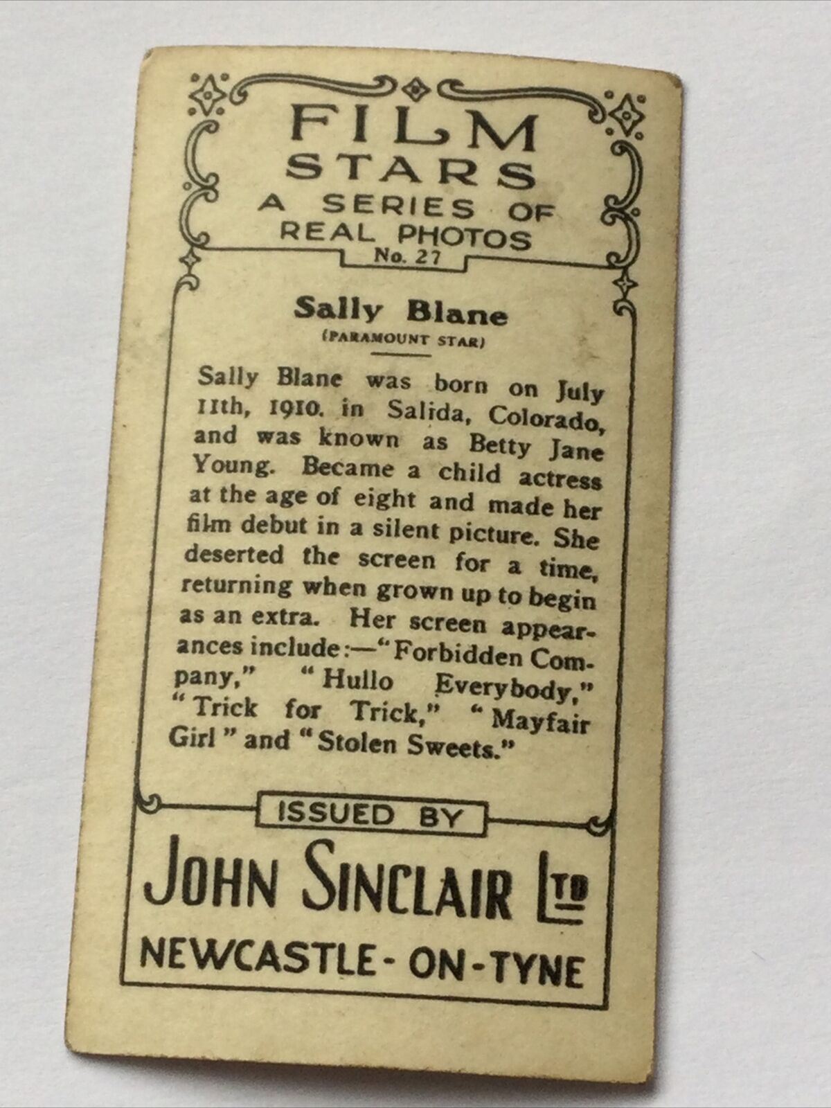 SALLY BLANE Photo- John Sinclair Cigarette Card Film Stars #27 Paramount Films