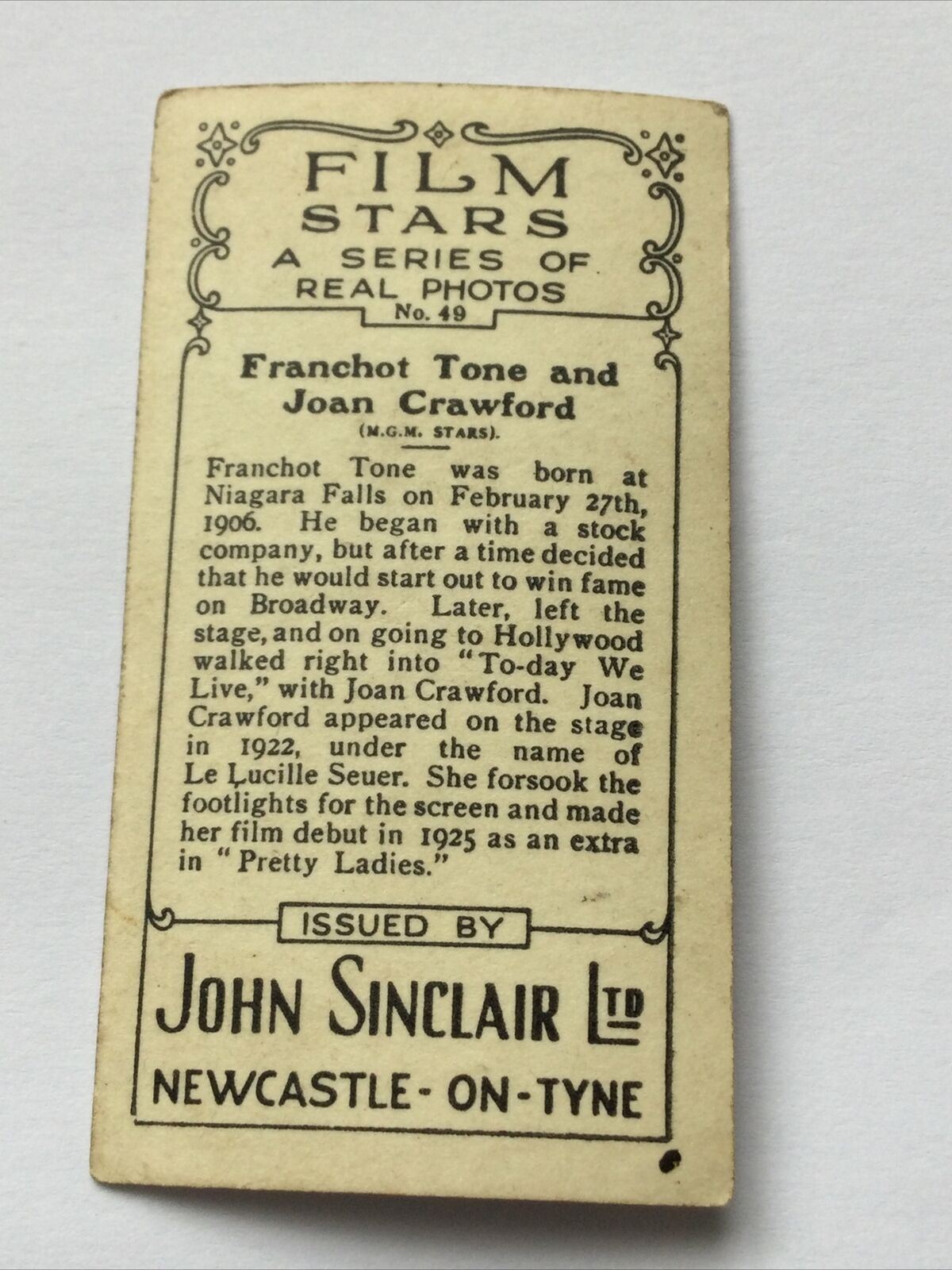 JOAN CRAWFORD FRANCHOT TONE Photo- John Sinclair Cigarette Card Film Stars #49