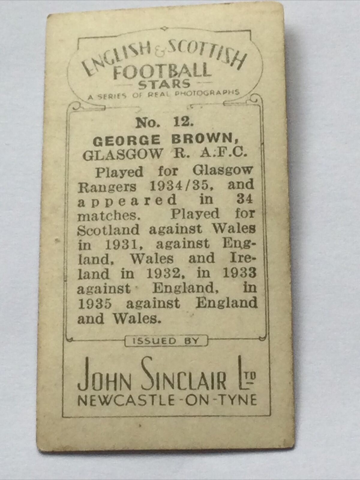 GEORGE BROWN Photo- John Sinclair Cigarette Card English & Scottish Football #12