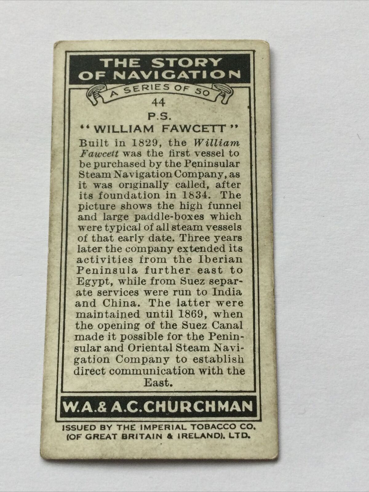 P S WILLIAM FAWCETT - Churchmans Cigarette Card Story Of Navigation #44 Steam 1937