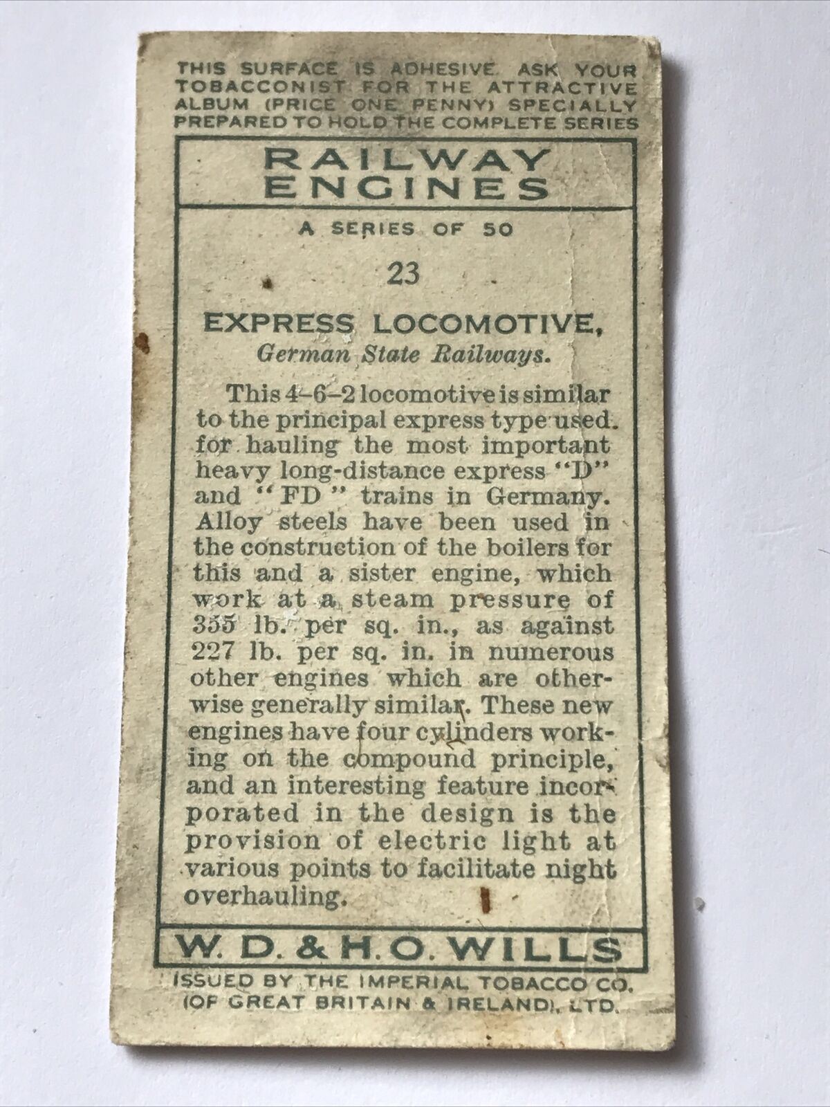 EXPRESS LOCOMOTIVE GERMAN STATE RAILWAYS Wills Cigarette Card #23 Railway Engine