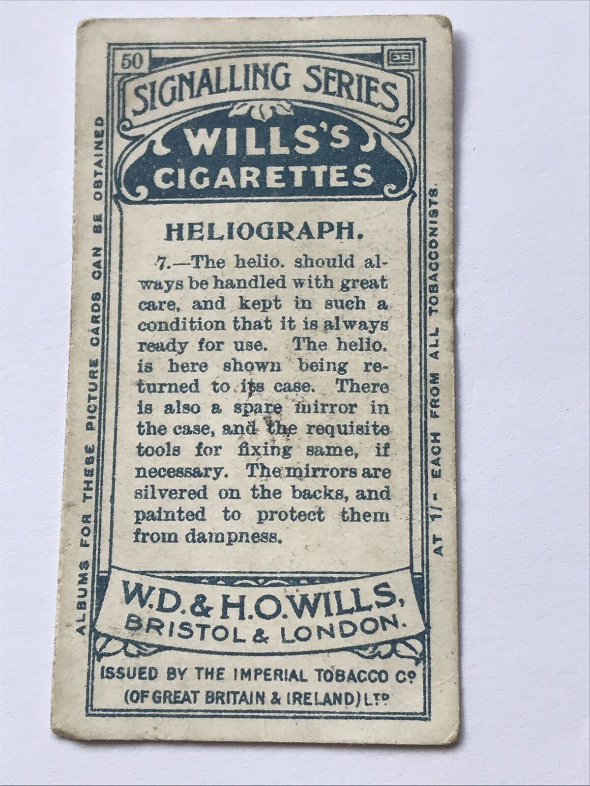 Heliograph 7WILLS CIGARETTE CARD Signalling Séries #50