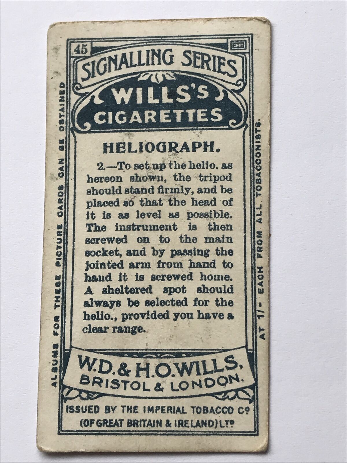 Heliograph 2 WILLS CIGARETTE CARD Signalling Séries #45 Setting Up