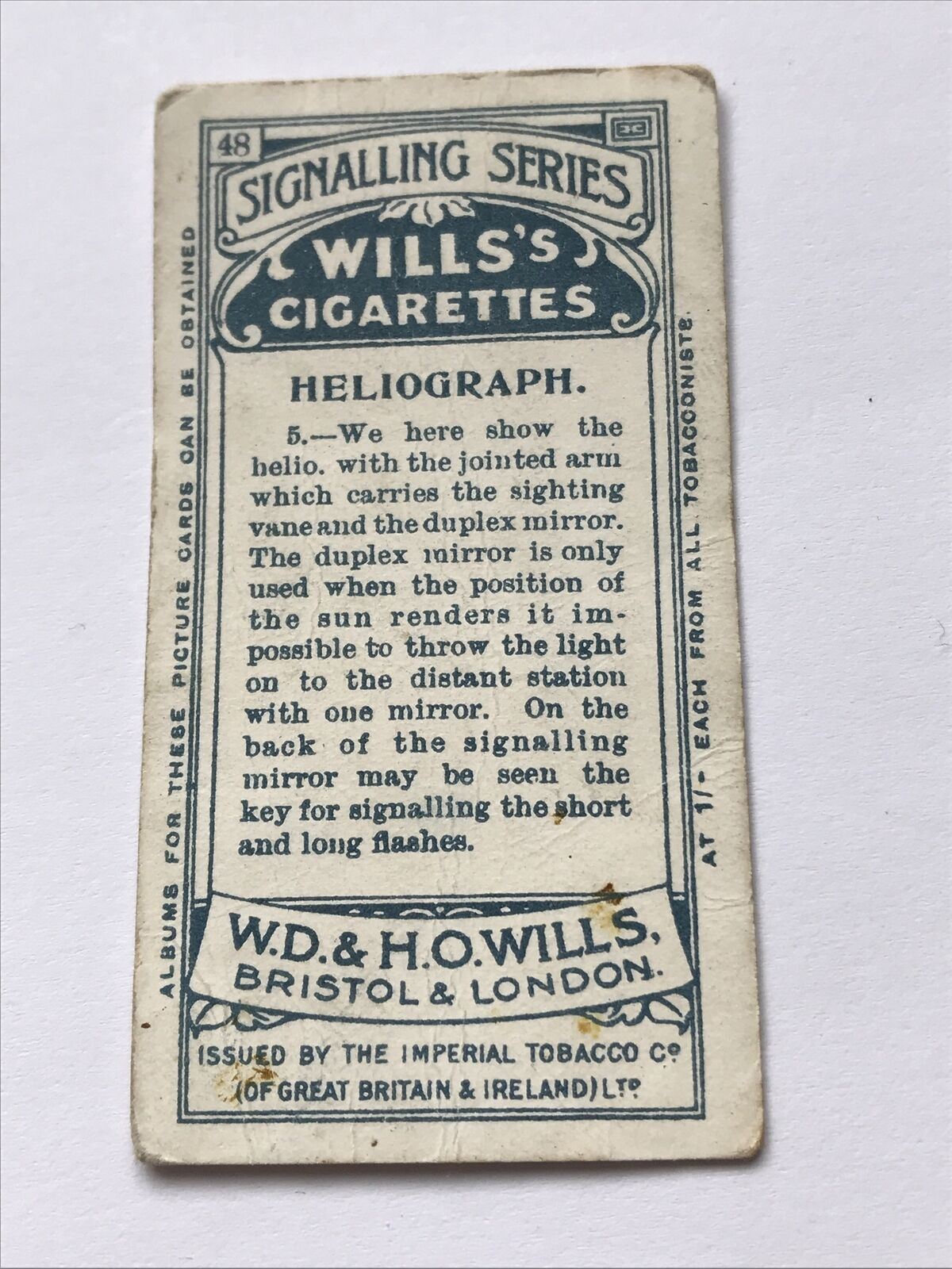 Heliograph 5 WILLS CIGARETTE CARD Signalling Series #48 Duplex Mirror