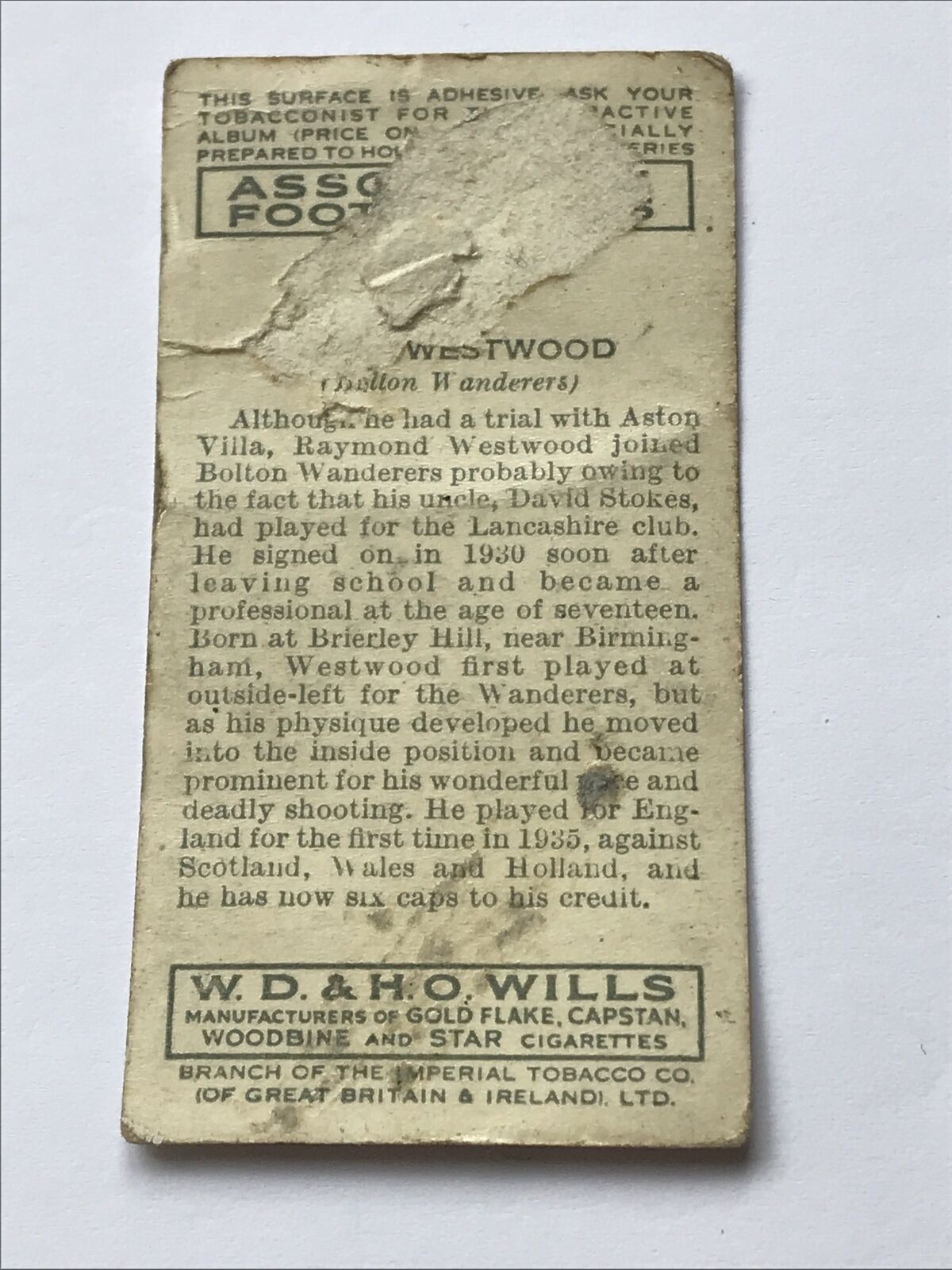 R W Westwood WILLS CIGARETTE CARD Association Footballers #46 Bolton Wanderers