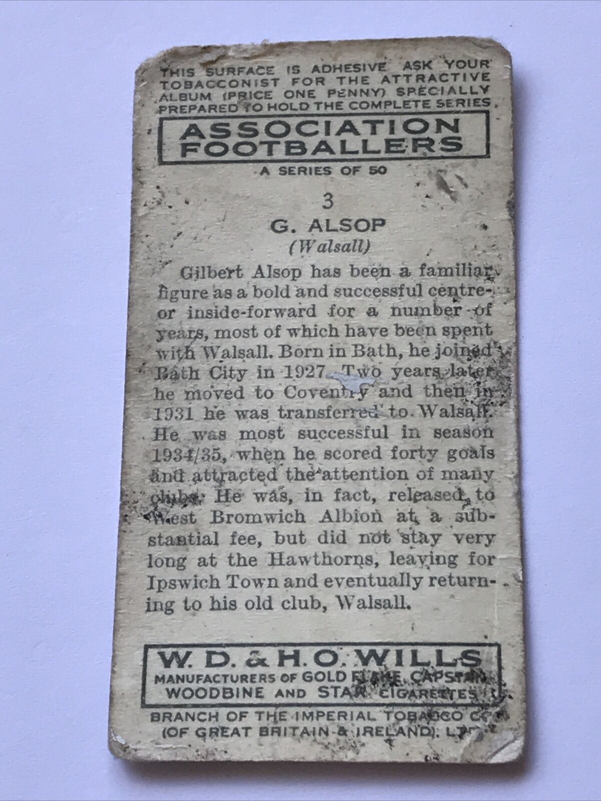 G Alsop WILLS CIGARETTE CARD Association Footballers #3 Walsall