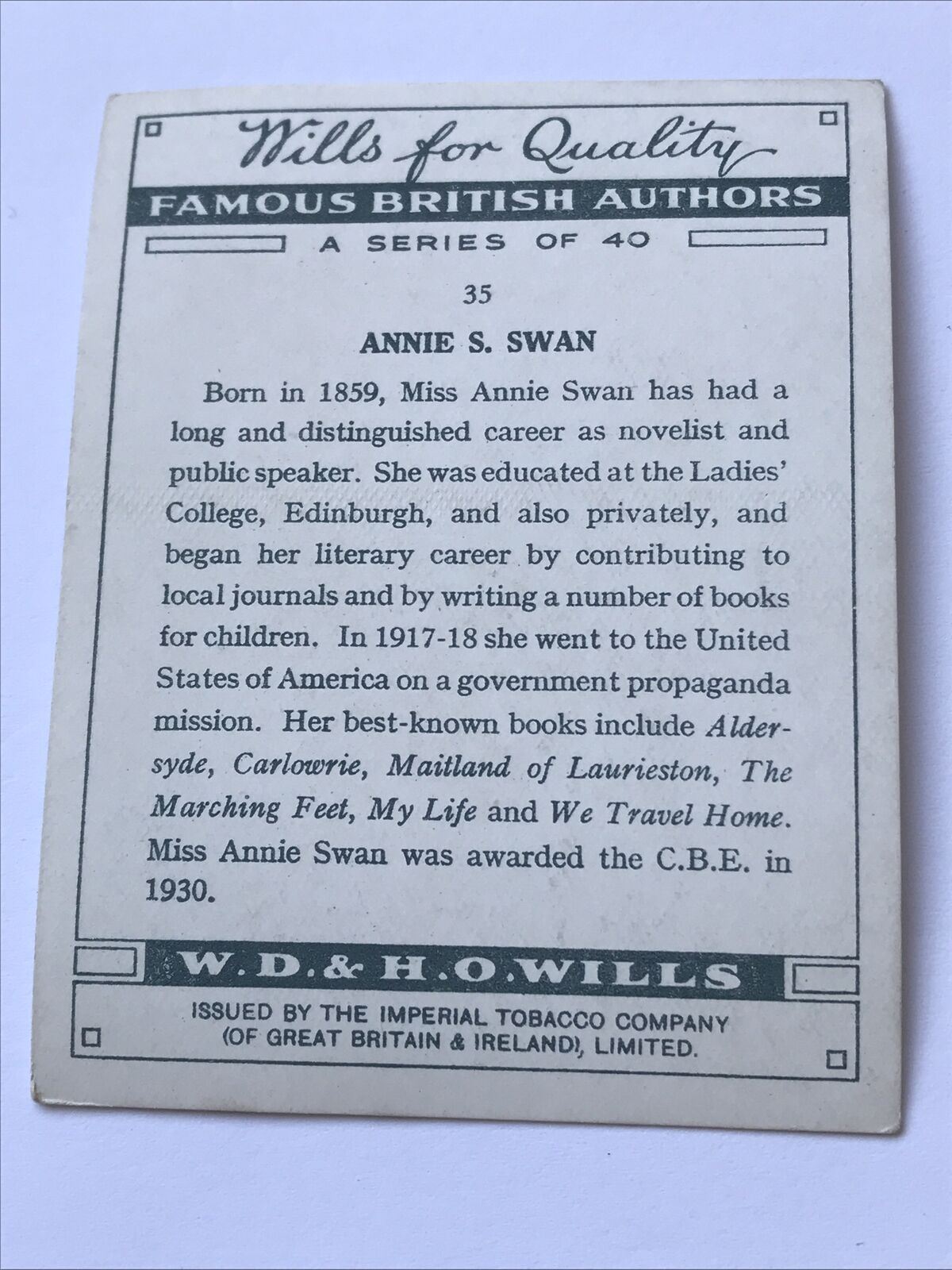 Annie S Swan WILLS CIGARETTE CARD Famous British Authors #35 We Travel Home